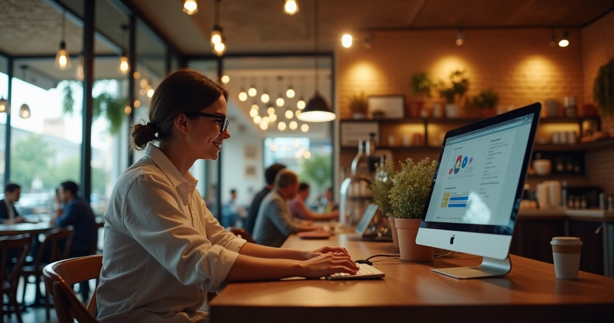 Pequeno empresário usando plataforma digital de gestão na cafeteria 