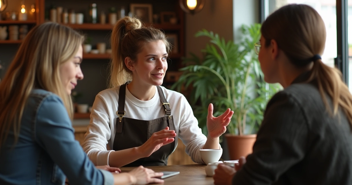 Dono de pequena empresa contando história em ambiente de cafeteria