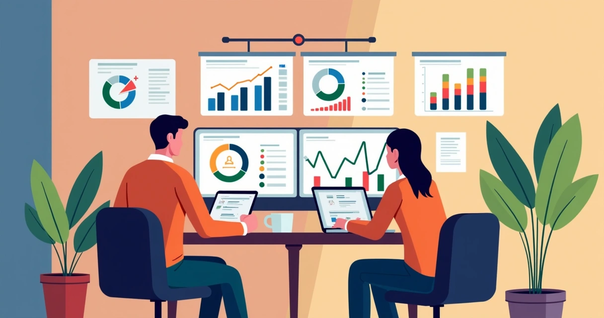 Equipe de pequena empresa usando painel digital com IA