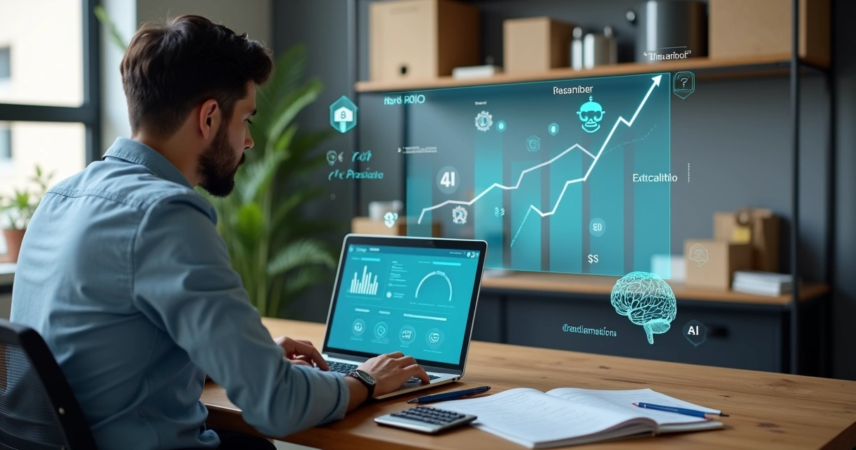 Pequeno empresário analisando custo de implantação de IA no computador 