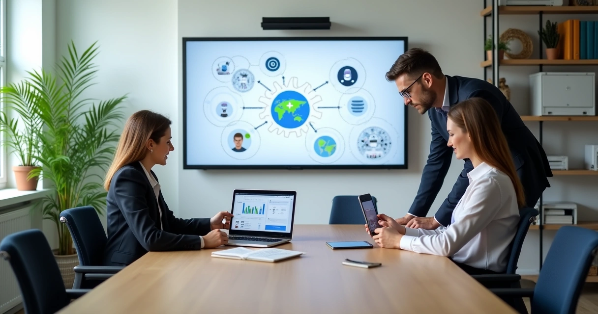 Equipe de pequena empresa reunida em mesa com ícones de inteligência artificial em tela grande 
