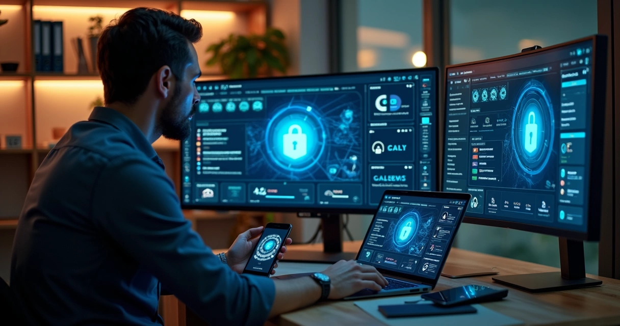 Empresário observando painel digital de segurança cibernética com ícones de IA 