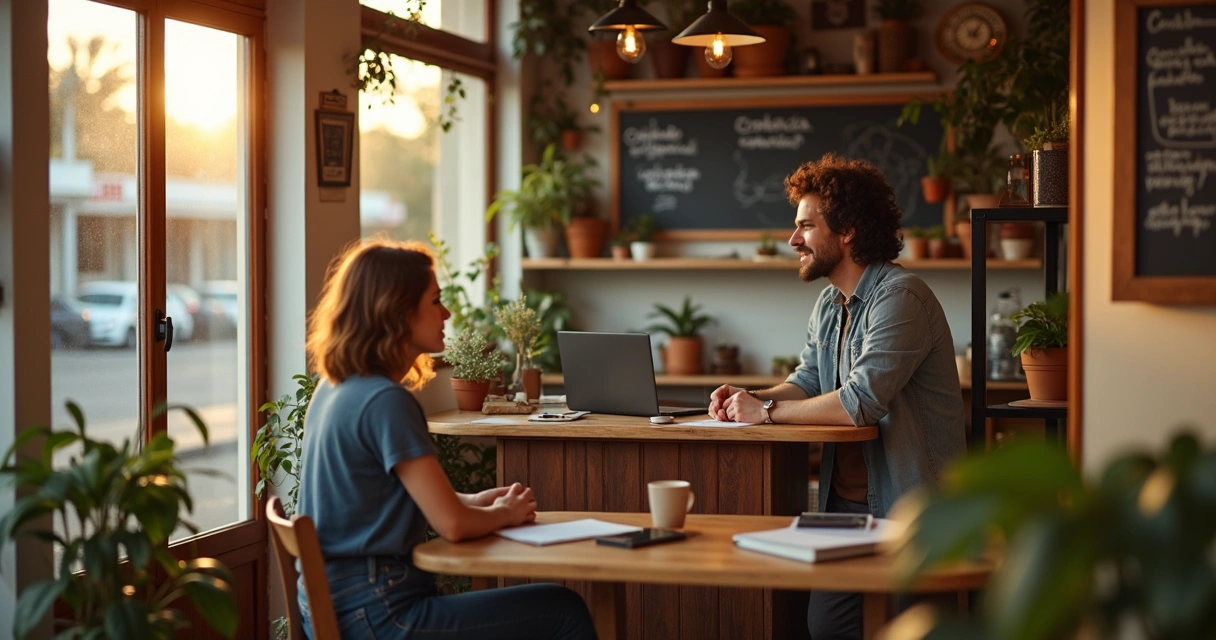 Dono de pequena empresa conversando com cliente em espaço simples e acolhedor 