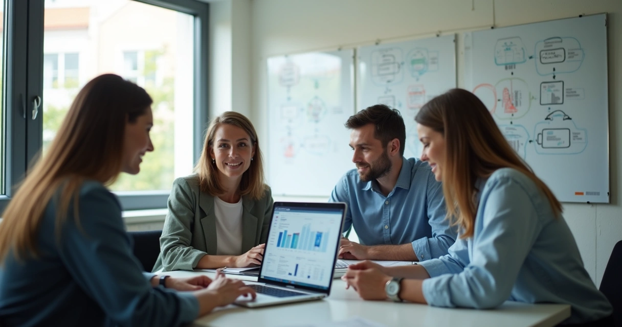 Equipe pequena reunida implementando IA em escritório pequeno 