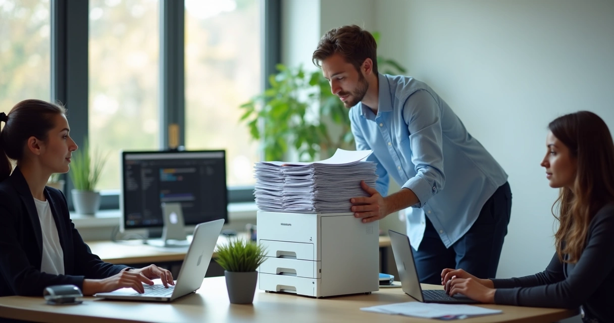 Pequena empresa imprimindo vários documentos em impressora Wi-Fi 