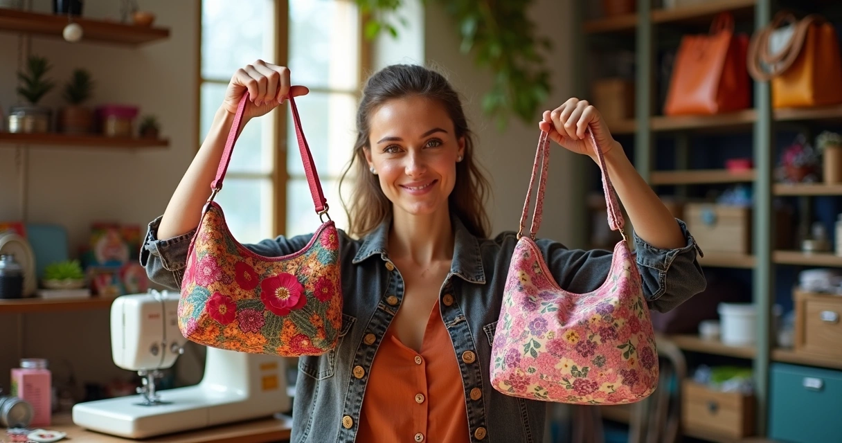 Dona de ateliê mostrando bolsas feitas de retalhos de tecido, ambiente colorido ao fundo 