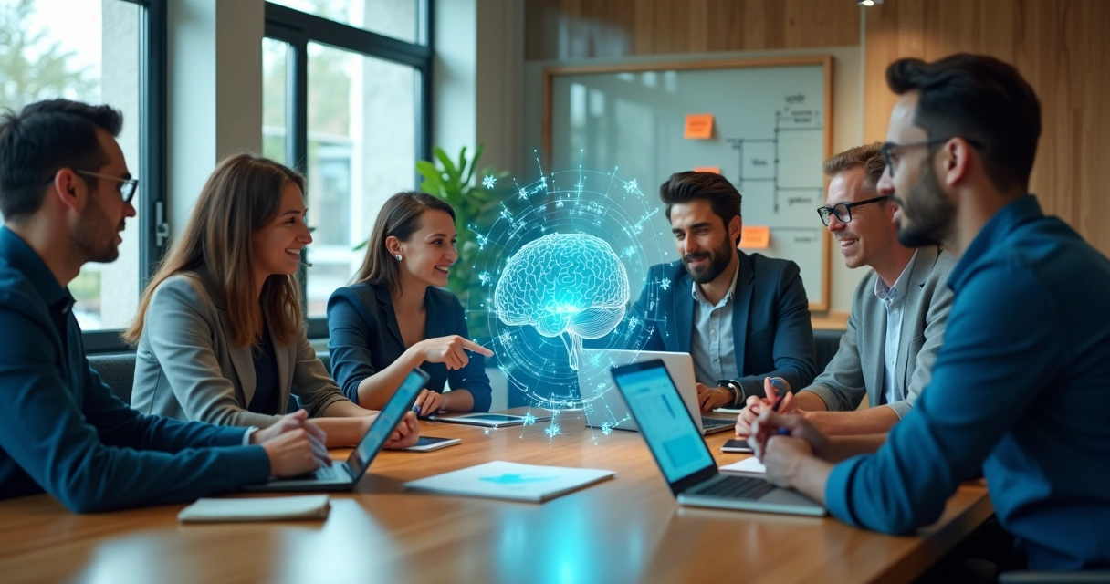 Equipe de pequena empresa reunida em mesa de trabalho com hologramas de inteligência artificial 