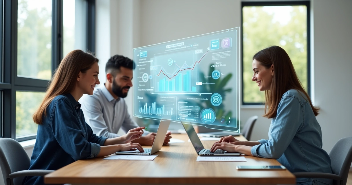 Pequena equipe em escritório usando painel digital com ícones de inteligência artificial 