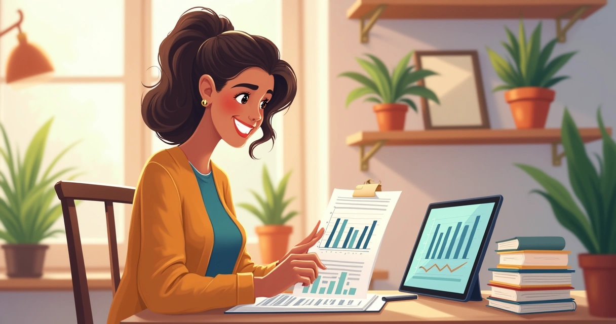 Dona de pequeno negócio feliz analisando gráficos de sucesso 