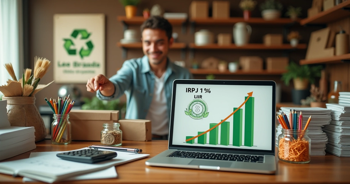 Dona de pequena empresa brasileira analisando gráfico verde de incentivos a reciclagem 