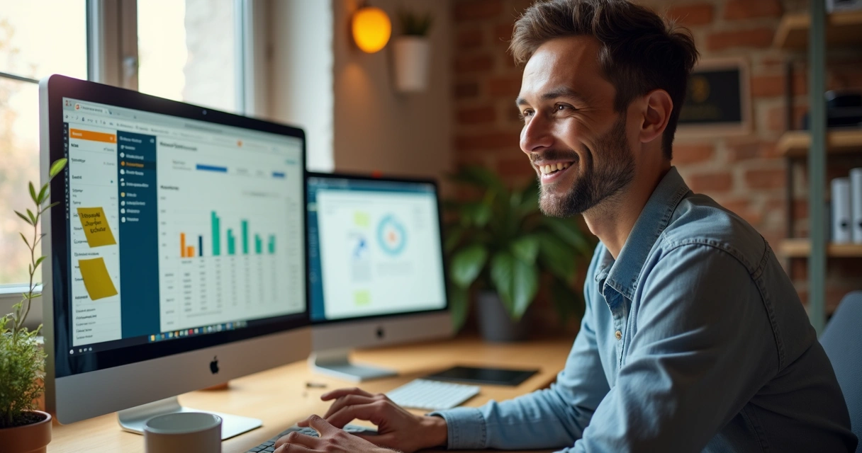 Pequena empresária usando diferentes ferramentas digitais para captação de contatos 