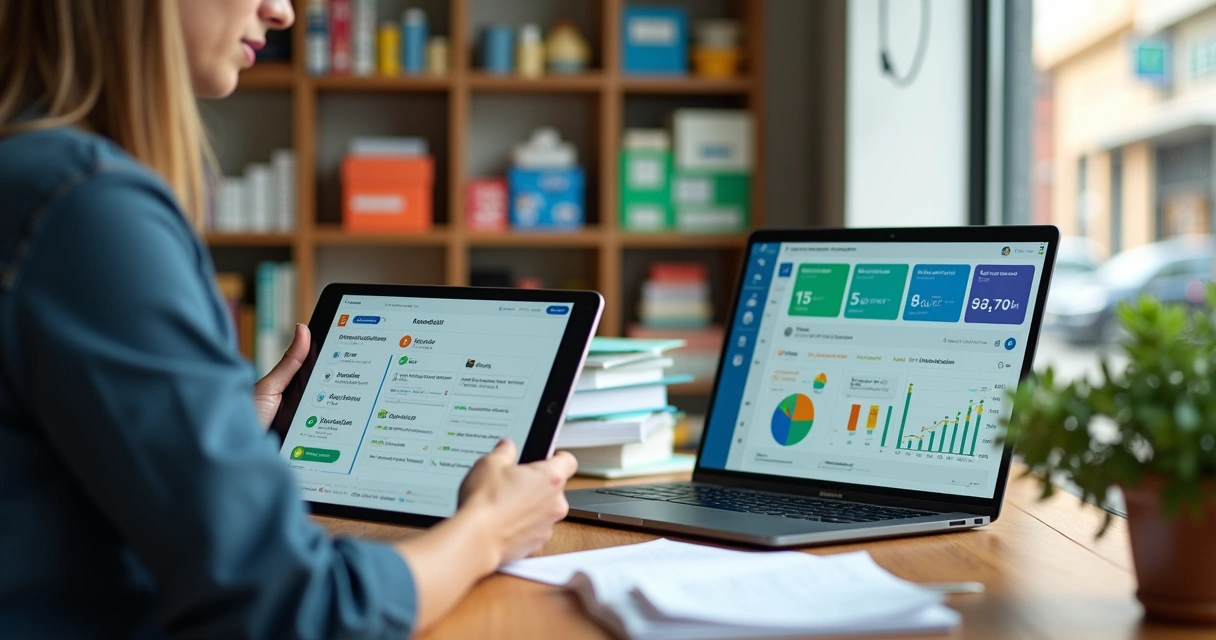 Empresária de pequena empresa conferindo painel fiscal digital em tablet 