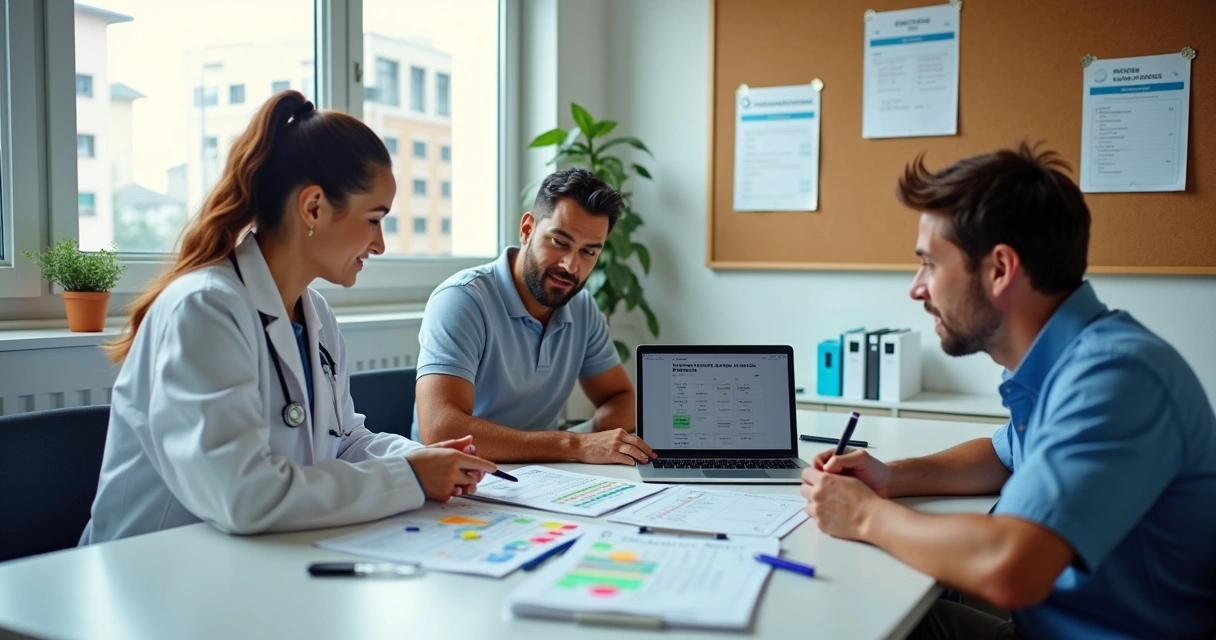 Reunião em pequena empresa discutindo planejamento de saúde ocupacional 