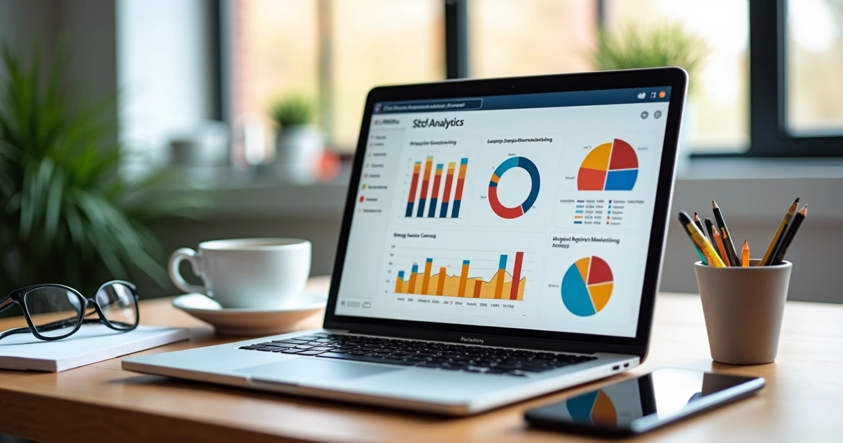 Mesa de trabalho com laptop exibindo gráficos de SEO, anotações e smartphone mostrando estatísticas de marketing digital 