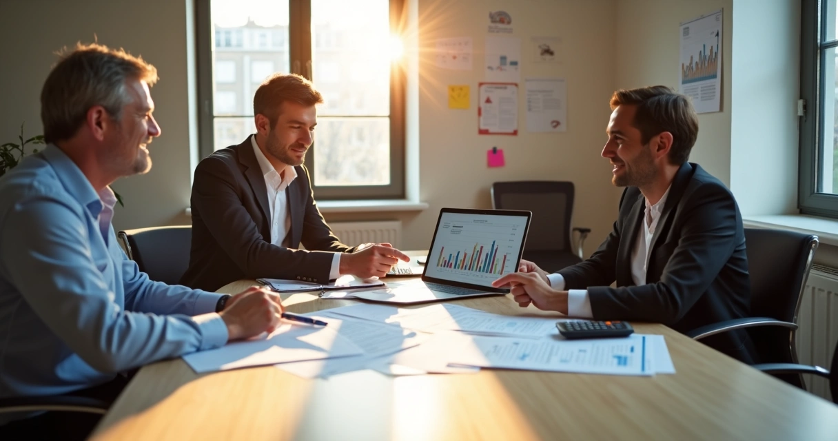 Equipe reunida em mesa discutindo finanças com papéis e computador 