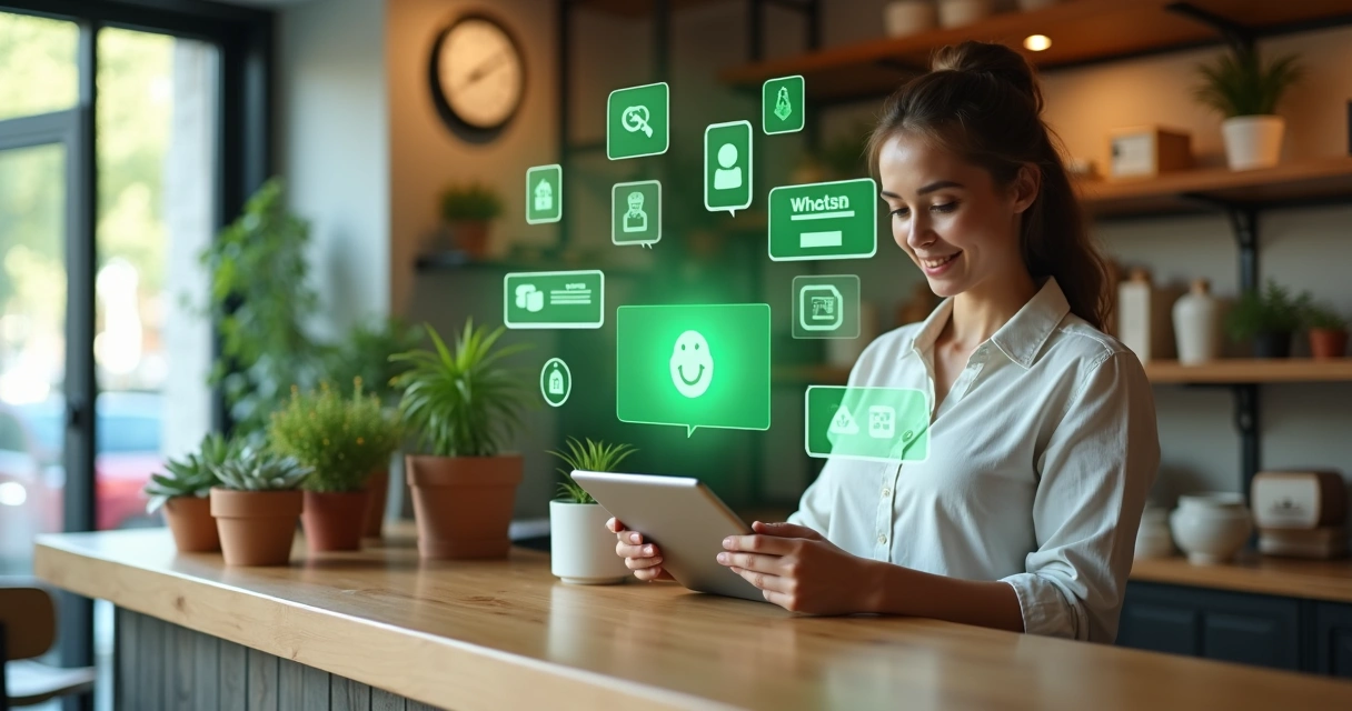 Dona de pequena empresa interage com robô de WhatsApp em tablet no balcão de loja 