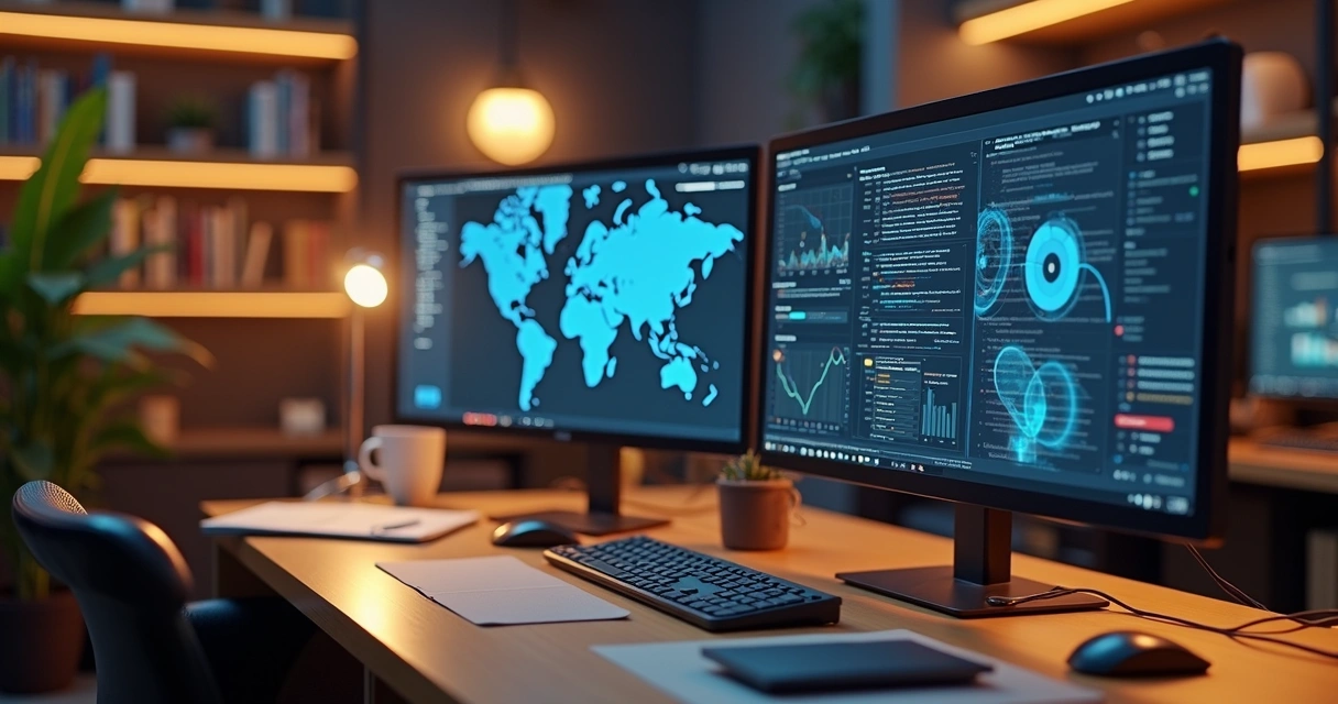 Ambiente de escritório com pequena empresa usando tecnologia IA, computador com gráficos e chatbot na tela 