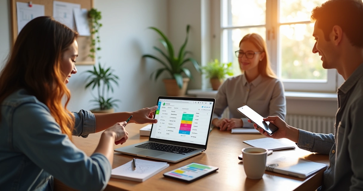 Small team in a simple office evaluating CRM options on a laptop screen