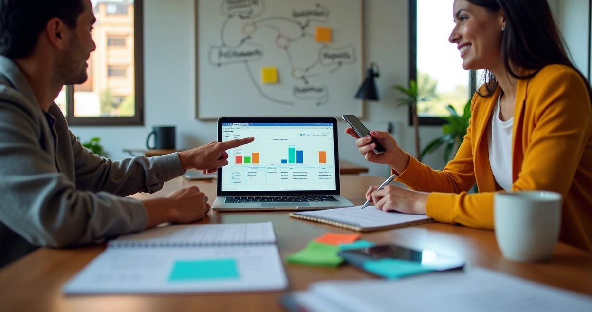 Small team in a simple office configuring CRM system on computer screen