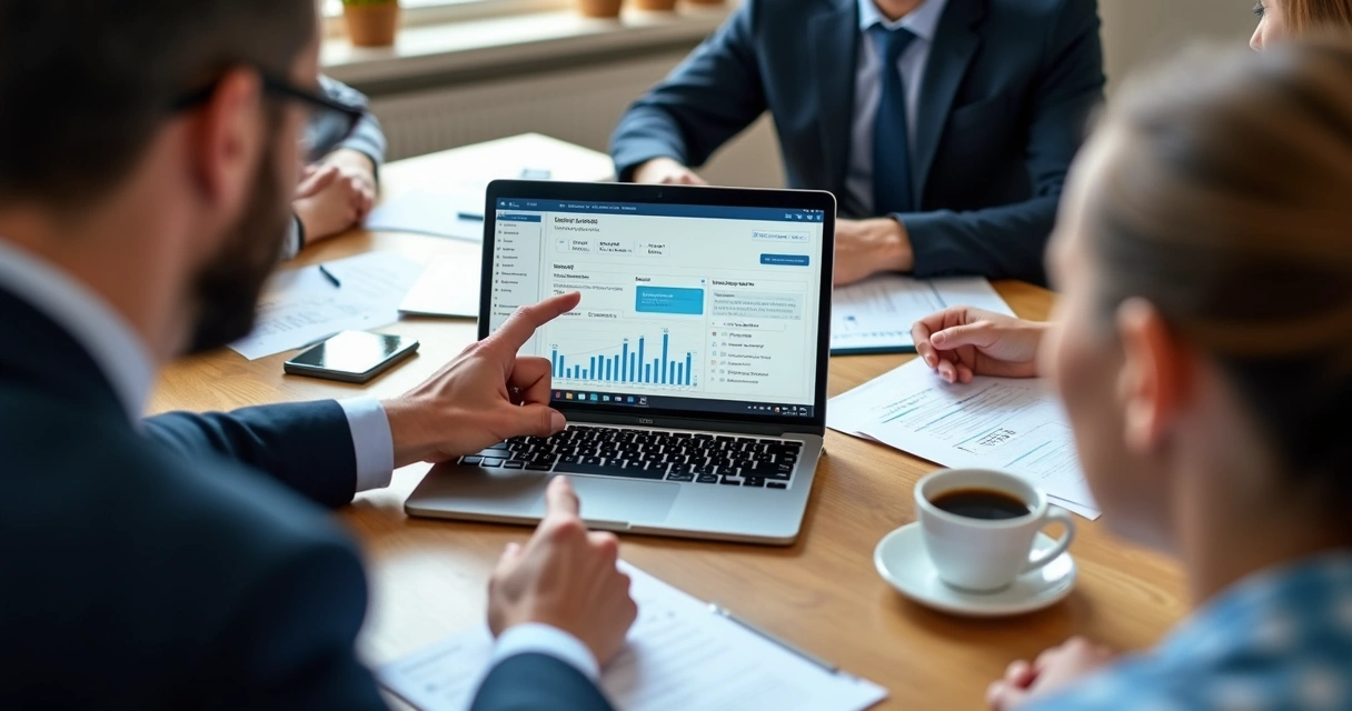 Equipe pequena de vendas reunida em mesa revisando negócios no CRM 