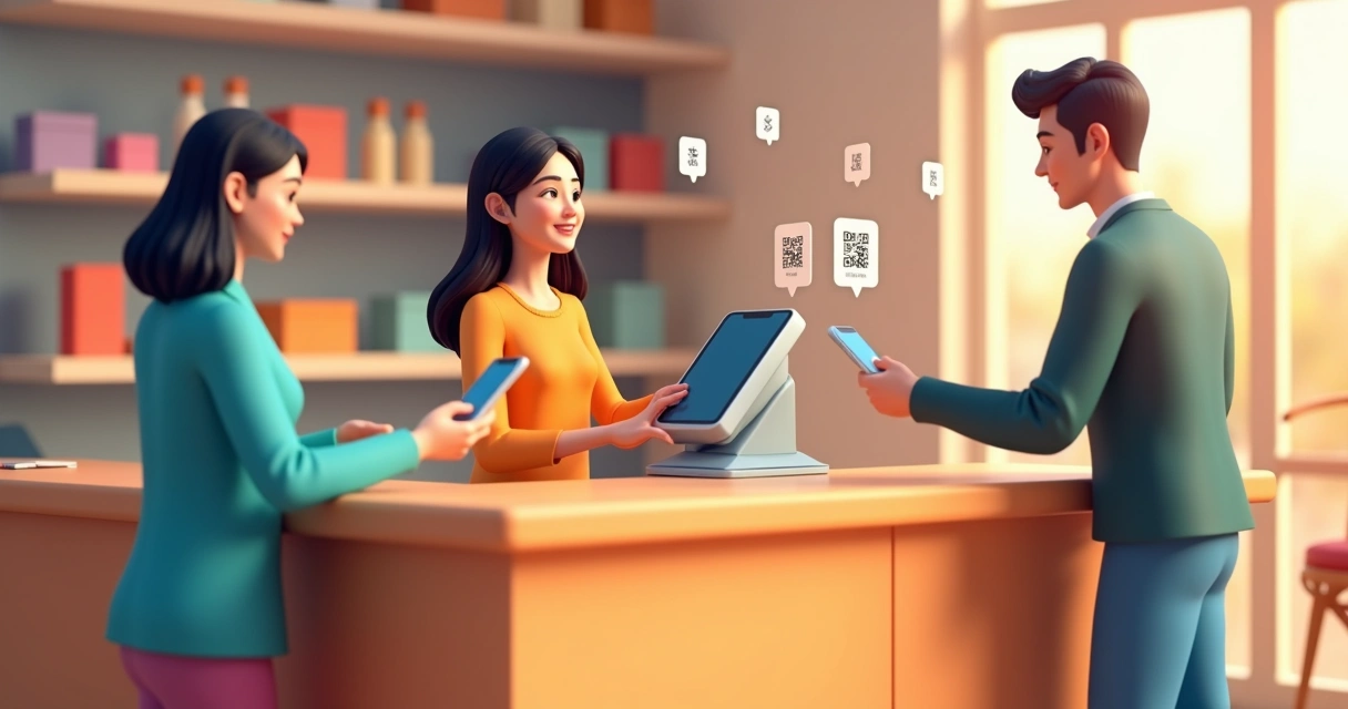 Atendente ajusta caixa digital em loja física com clientes pagando por QR Code e aproximação 