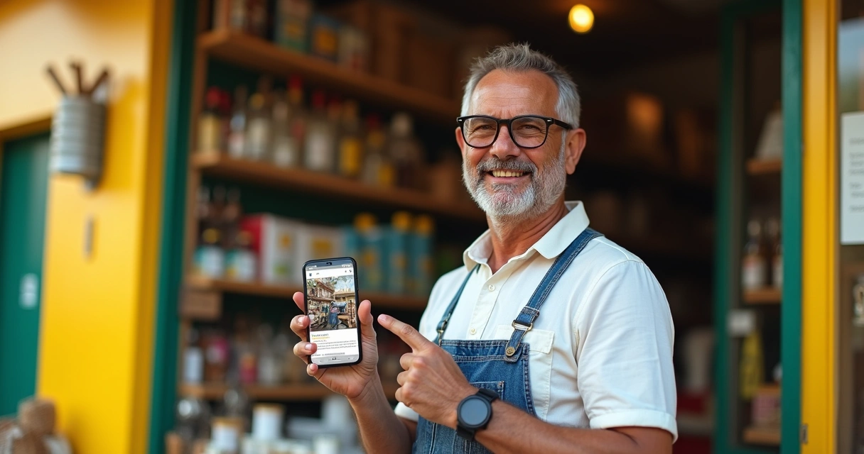 Loja pequena com proprietário em frente, celular na mão exibindo anúncio online 