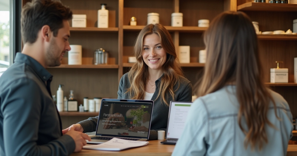 Loja pequena com site aberto no notebook do balcão 