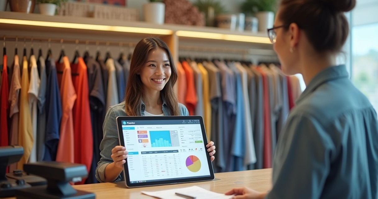 Gerente de pequena loja de roupas usando ERP em tablet atrás do balcão 