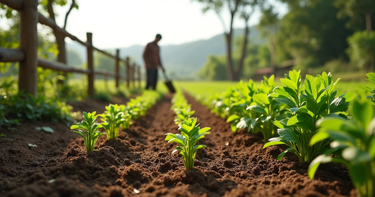Plantação de moringa em pequena propriedade rural com solo preparado e mudas organizadas 