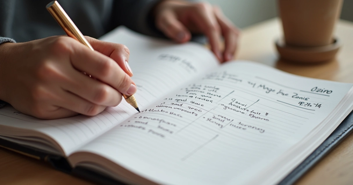Mãos marcando progresso em planner, com pequenos avanços anotados 