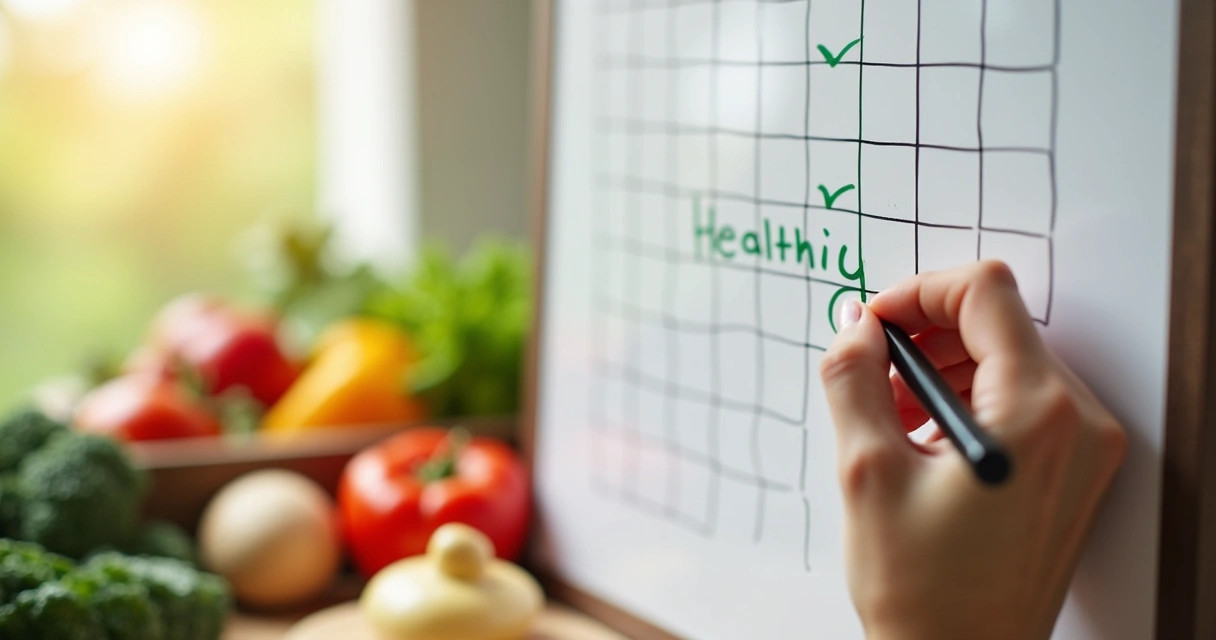 Mão marcando conquista em quadro de hábitos saudáveis 