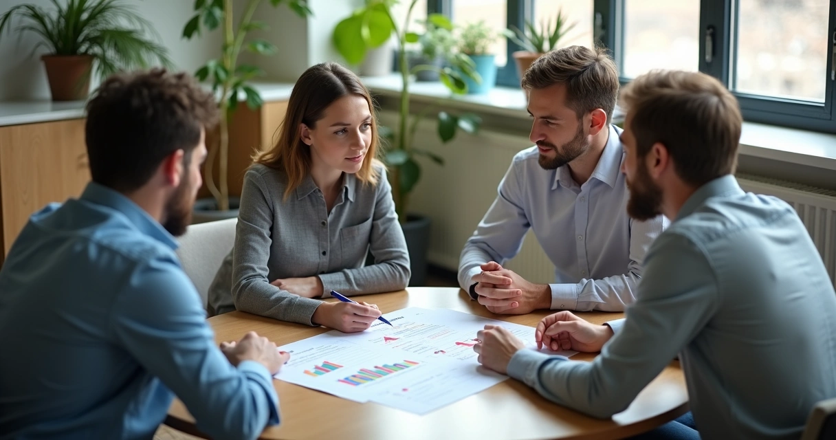 Gestor de pequena empresa reunido com dois funcionários discutindo documento de riscos. 