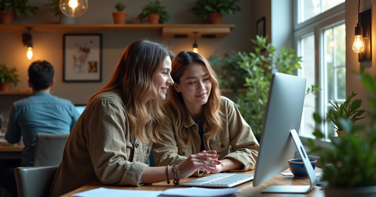 Duas pequenas empresas trabalhando em campanhas digitais no escritório