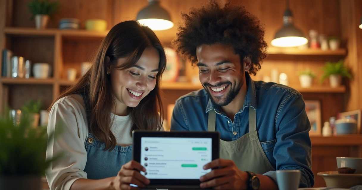 Pequenos empresários usando solução de chatbot para WhatsApp em loja de serviços