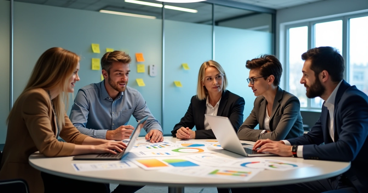 Pessoas em reunião analisando gráficos em uma mesa 