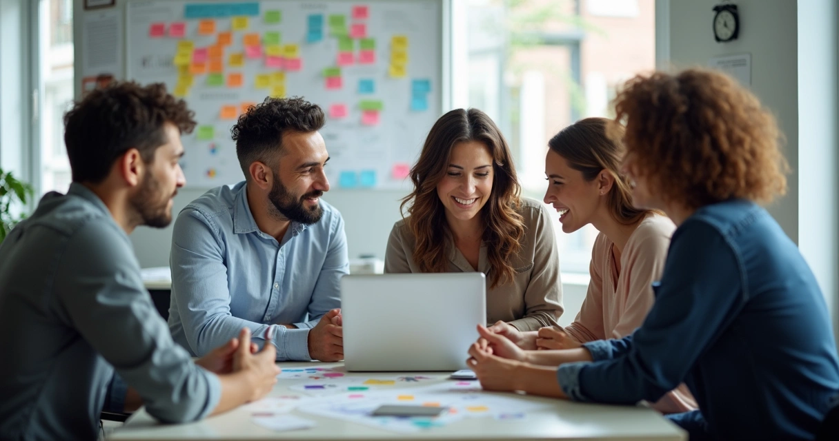 Equipe de pequenas empresas reunida discutindo vantagens de um produto 