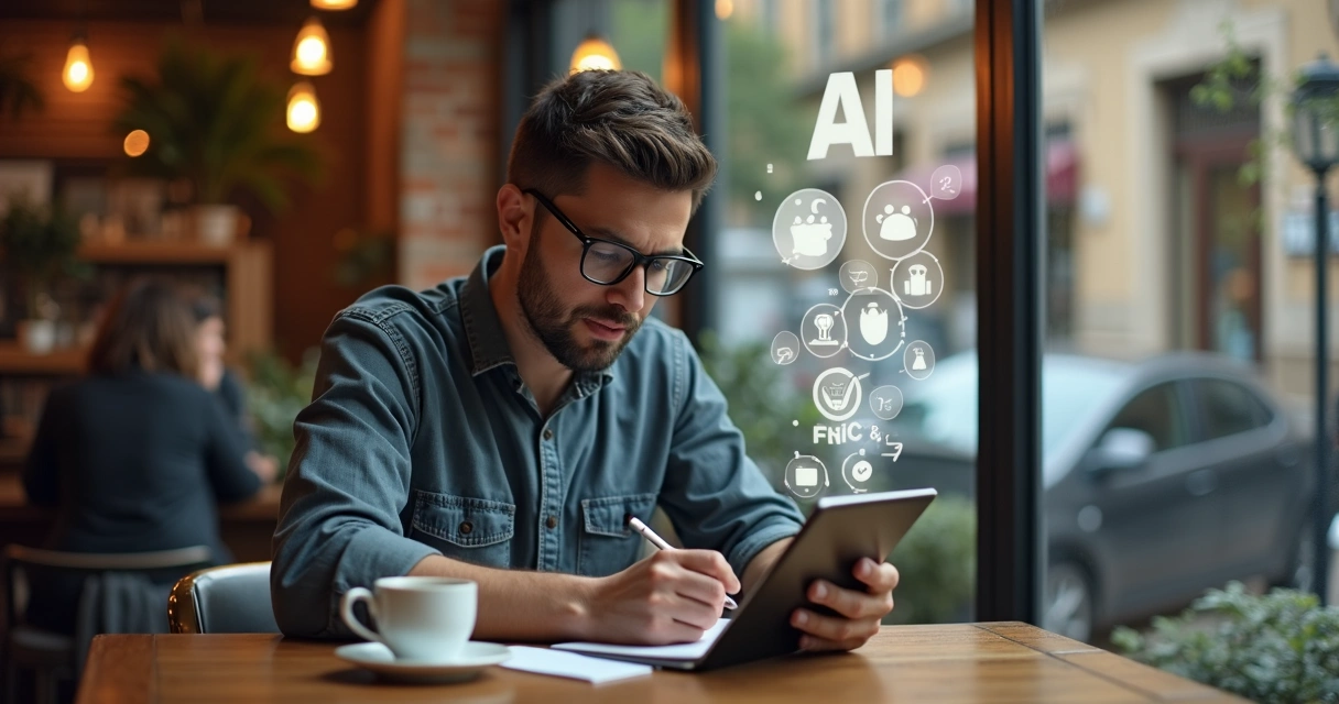 Proprietário de pequena empresa anotando dicas de IA em caderno digital