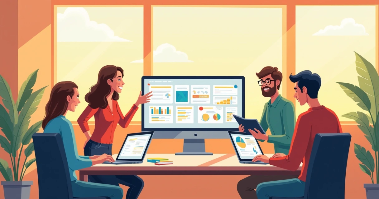 Equipe pequena em escritório moderno, computadores e ideias 