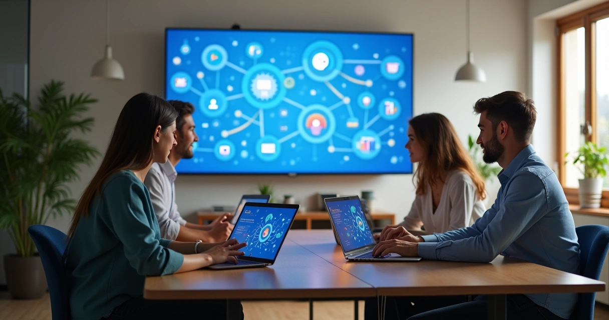 Equipe de uma pequena empresa usando computadores para gestão no Facebook