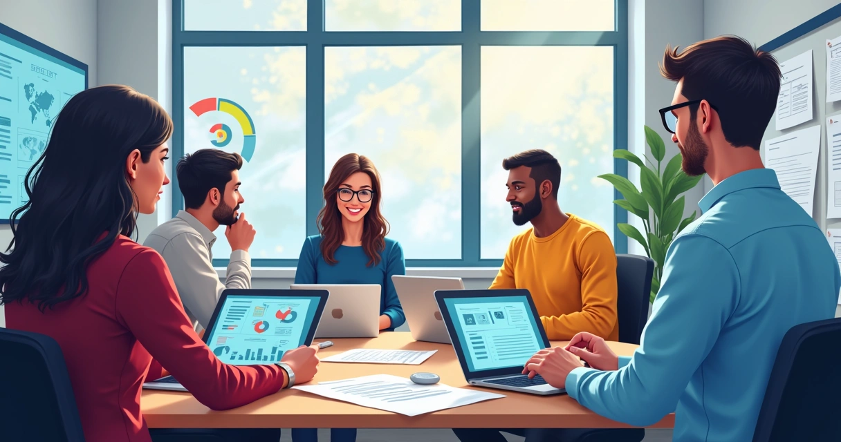 Equipe pequena de empresa usando ferramentas de IA para produção de conteúdo 