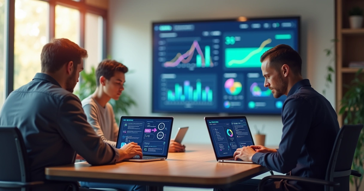 Equipe de pequena empresa usando painel de IA em escritório moderno 