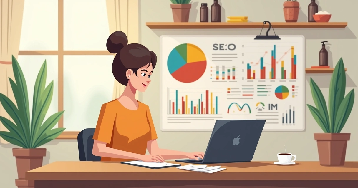 Dona de pequena empresa analisando gráficos de SEO em notebook 