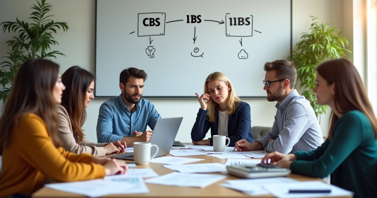 Empresários de pequena empresa discutindo impostos em reunião, com papéis e notebook na mesa. 