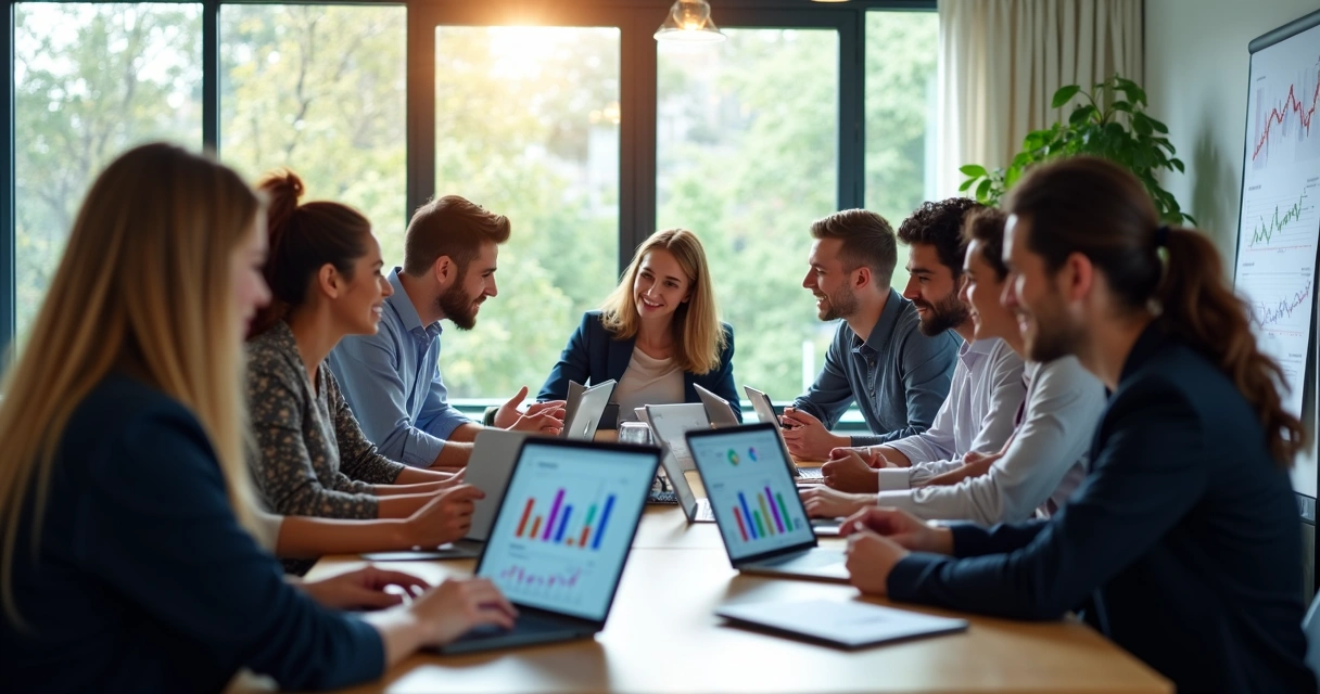 Pequena empresa com equipe usando tablets e notebooks 