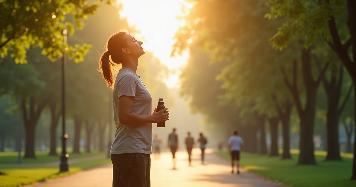 Pessoa pausando no parque para respirar durante caminhada. 