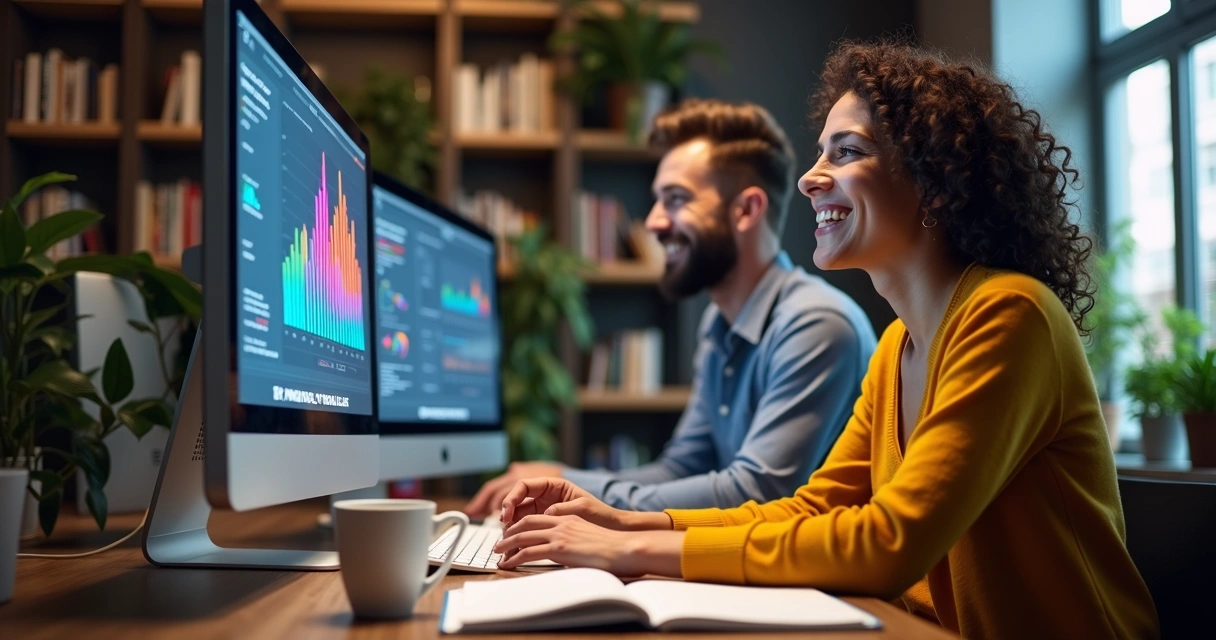 Pequenos empresários sorrindo em frente a computadores e gráficos 