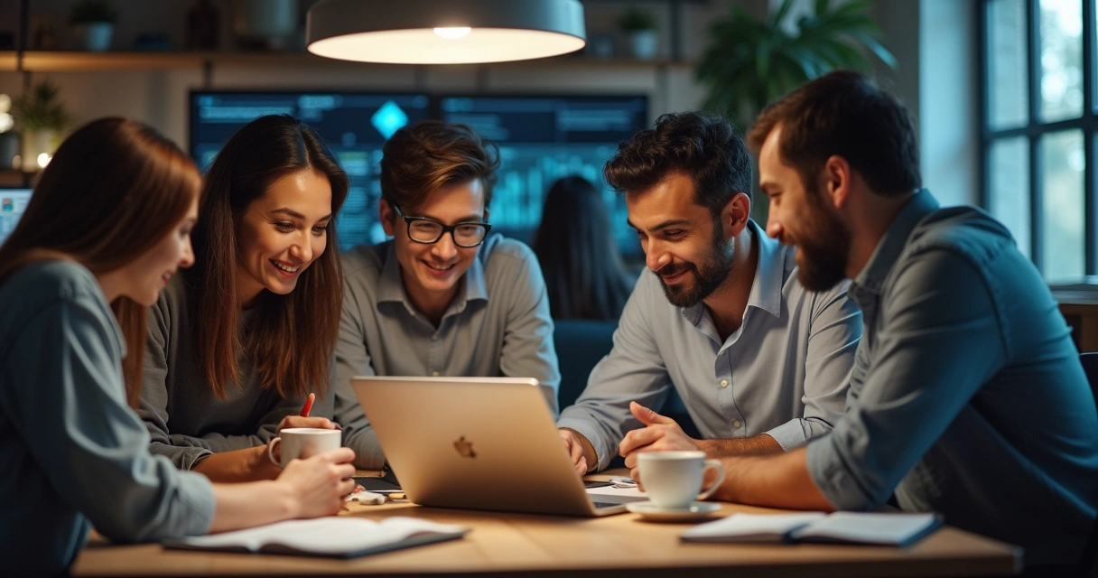 Equipe de pequenas empresas reunida em torno de um laptop discutindo inteligência artificial 