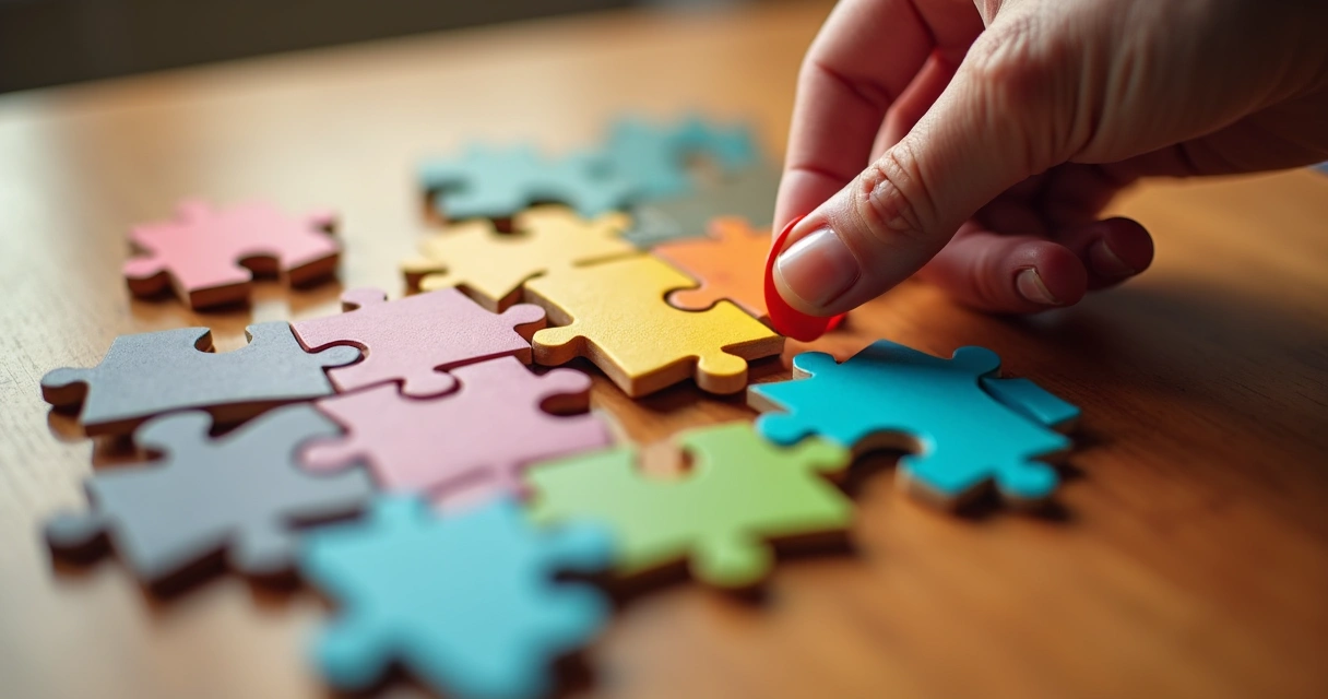 Mãos trocando uma peça de quebra-cabeça colorido