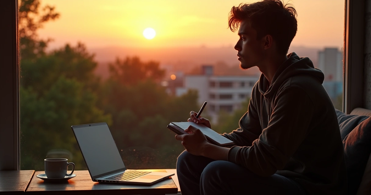Pessoa sentada em varanda com papel e caneta refletindo ao pôr do sol 