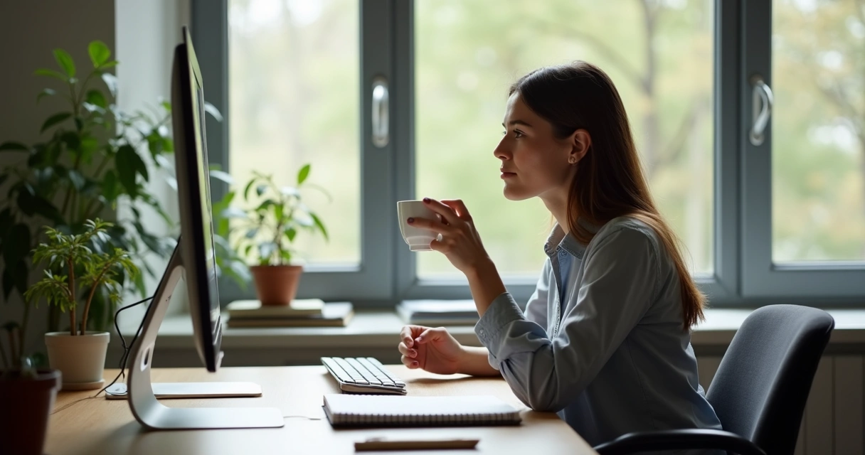 Pessoa fazendo pausa do trabalho em escritório com xícara de chá 